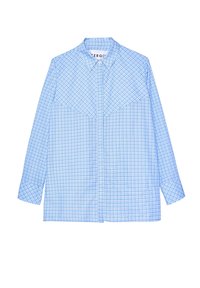 Camicia button-up azzurro chiaro con motivo a quadri. Presenta un colletto a punta e maniche lunghe, realizzata in un tessuto leggero e liscio.