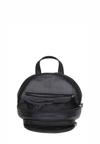 Black round bag with a textured leather exterior, featuring a zippered opening, interior pockets, and dual top handles.