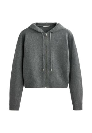 Grå hættetrøje med lynlås i en struktureret stofkvalitet, ribkant ved ærmer og kant samt en afslappet pasform med justerbar snørre i hætten.