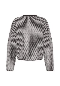 Pull à manches longues rayé noir et blanc avec un col rond et des bords côtelés vu de dos.