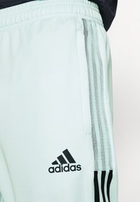 Helle Mint Jogginghosen mit schwarzem Adidas-Logo, Seitenmesh-Einsätzen, elastischem Bund und subtiler Textur.