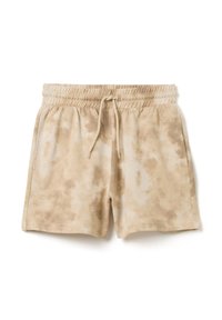 Pantalones cortos de tie-dye en color beige, confeccionados con una tela suave, que cuentan con una cintura elástica con cordón y bolsillos laterales. Textura suave con un patrón similar a nubes.