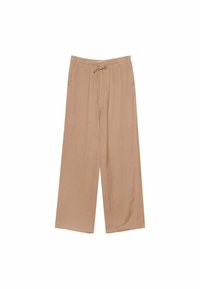 Beige wijde broek met elastische tailleband, trekkoord en zijzakken, weergegeven op een witte achtergrond.