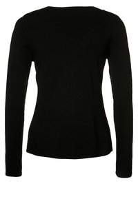 Svart långärmad topp med rund halsringning, åtsittande design och mjuk stickad struktur. Inga synliga dekorationer eller mönster.