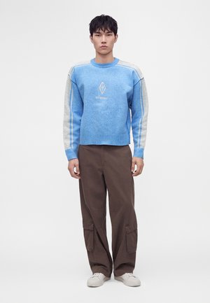 Jeune homme debout, face à l’avant, portant un pull bleu avec des manches grises, un pantalon cargo marron et des baskets blanches sur un fond blanc uni.