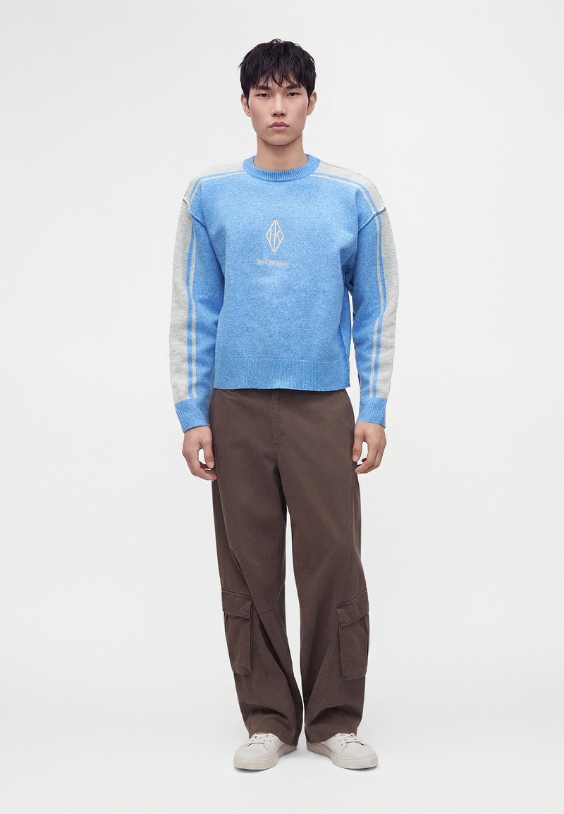Jeune homme debout, face à l’avant, portant un pull bleu avec des manches grises, un pantalon cargo marron et des baskets blanches sur un fond blanc uni.