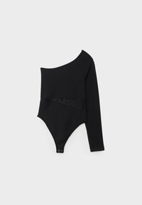 Bodysuit noir à manches longues avec un design à une épaule, présentant une texture douce et un panneau en mesh en accent sur le devant, avec des fermetures à pression en bas.