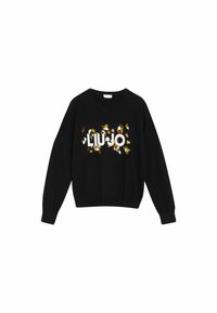 Suéter negro de manga larga, con un logo blanco "LIU JO" rodeado de bordados florales en detalles verdes, dorados y blancos.