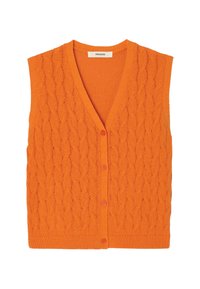 Cardigan sans manches orange en tissu tricoté texturé, avec un col en V, une fermeture à boutons et un motif en tricot torsadé sur le devant.