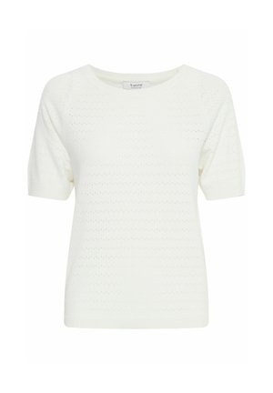 Pull court à manches courtes blanc avec un motif de tricot texturé comportant de petits œillets, un col rond et une coupe décontractée. Matière douce et légère.