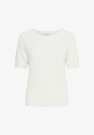 Pull court à manches courtes blanc avec un motif de tricot texturé comportant de petits œillets, un col rond et une coupe décontractée. Matière douce et légère.