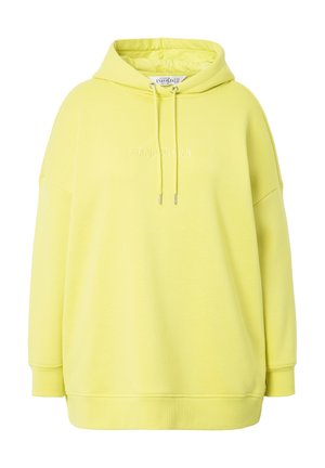 Gele oversized hoodie van zachte stof, voorzien van een trekkoord in de capuchon, geribbelde manchetten en reliëftekst op de voorkant.