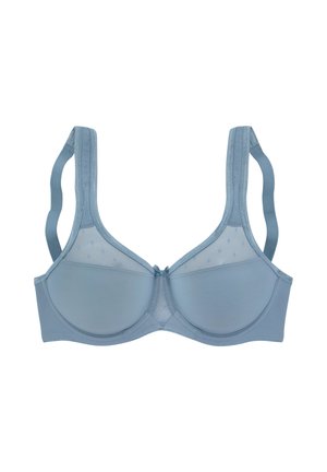 Hellblauer gepolsterter BH mit Netzpaneelen, die ein dezentes Sternenmuster aufweisen. Verstellbare Träger, Spitzenbesatz und eine Schleifendetail in der Mitte.