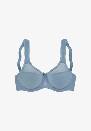 Hellblauer gepolsterter BH mit Netzpaneelen, die ein dezentes Sternenmuster aufweisen. Verstellbare Träger, Spitzenbesatz und eine Schleifendetail in der Mitte.