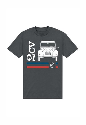Mørkegrå bomulds T-shirt med en hvid illustration af en 2CV bil, med røde og blå striber under grafikken og enkle logo accenter.