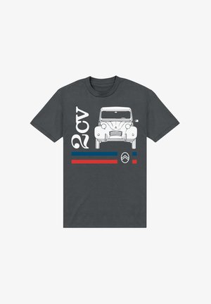 Tmavě šedé bavlněné tričko s bílou ilustrací auta 2CV, s červenými a modrými pruhy pod grafikou a jednoduchými logovými akcenty.