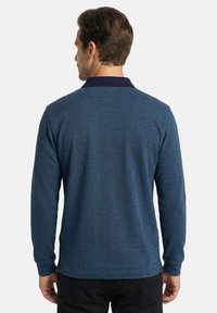Mann mit kurzen braunen Haaren, der einen blauen Pullover mit langen Ärmeln und dunklem Kragen trägt, von hinten vor einem schlichten Hintergrund gesehen.