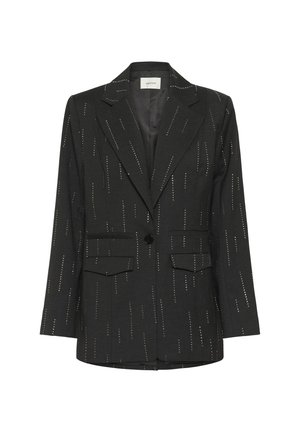 Zwarte blazer met metallic verticale accenten, twee zakelijke zakken, notch lapels, sluiting met één knop en een getailleerde pasvorm. Gestructureerde stof.