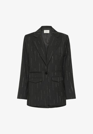Črn blazer z kovinskimi vertikalnimi detajli, dvema sprednjima žepoma, izrezom za reverje, enojnim gumbom in prilegnjenim krojem. Teksturovan material.
