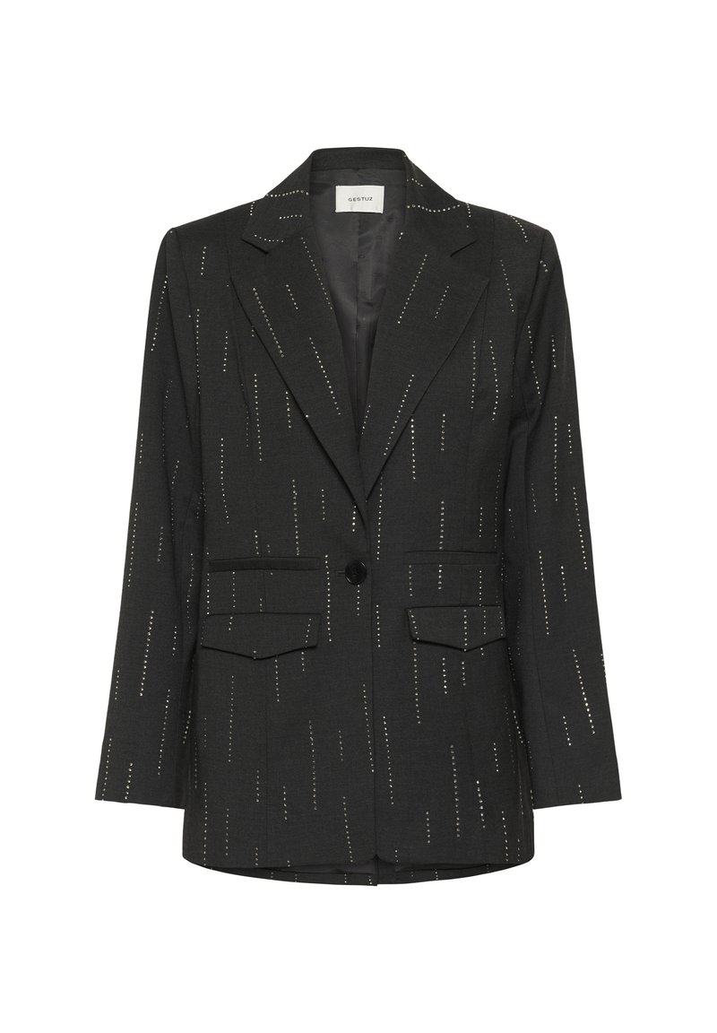 Blazer nero con accenti metallici verticali, due tasche frontali, rever a testimone, chiusura con bottone singolo e vestibilità su misura. Tessuto testurizzato.