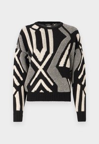 Črn in off-white pulover z geometrijskim vzorcem, rebrastimi manšetami in robom, okroglo ovratnico, pletena tekstura. Kratek dizajn z ohlapnim krojem.