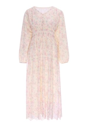 Langes cremefarbenes Kleid mit pinkem und blauem Blumenmuster, langen Ärmeln, geraffter Taille, geknöpftem Vorderteil und gewelltem Saum.
