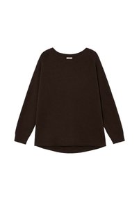 Brązowy sweter wykonany z miękkiej dzianiny, z okrągłym dekoltem, długimi rękawami i lekko zaokrąglonym dołem. Casualowy, luźny krój.