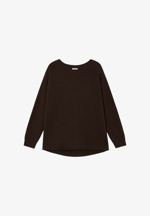 Brązowy sweter wykonany z miękkiej dzianiny, z okrągłym dekoltem, długimi rękawami i lekko zaokrąglonym dołem. Casualowy, luźny krój.
