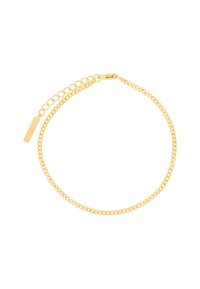 Bracciale in oro con piccole maglie, dotato di una chiusura regolabile e di un'etichetta piatta per la personalizzazione. Texture liscia e finitura brillante.