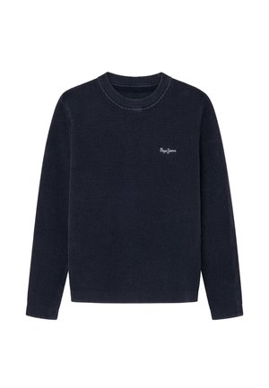 Dunkelblauer, strukturierter Strickpullover mit langen Ärmeln und Rundhalsausschnitt, mit kleinem weißen, gesticktem Logo auf der linken Brust.