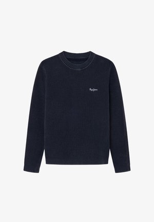 Maglione a maglia strutturata blu navy scuro con maniche lunghe e scollo rotondo, con piccolo logo bianco ricamato sul petto sinistro.