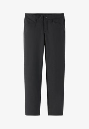 Pantaloni negri cu o textură netedă, având închidere cu nasture și două buzunare frontale. Croi drept cu tivuri desfăcute, oferind un design curat.