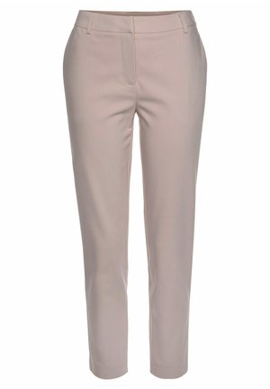 Pantalon beige slim fit avec passants de ceinture, fermeture éclair devant et poches latérales, adapté pour un look propre et professionnel.