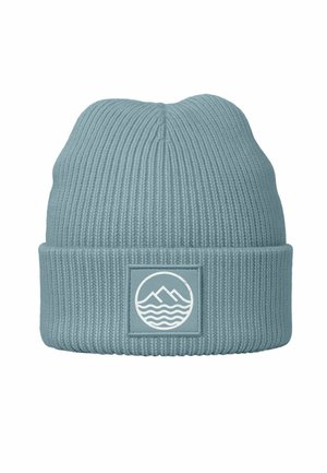 Light blue knit beanie with a ribbed texture and a folded cuff. Features a square patch with a white mountain and waves design.