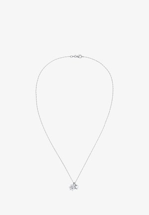 Sølv kæderekæde med en snefnug- og hjertevedhæng med en klar ædelsten, der fremhæver det intrikate design og de polerede finish.