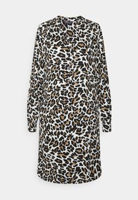 Sukienka w panterkę z długimi rękawami, dekoltem w serek i zapięciem na guziki. Wykonana z gładkiego materiału o luźnym kroju.