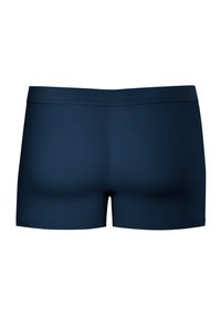 Shorts de bain bleu marine en tissu lisse et extensible, dotés d'une large ceinture et d'une coupe ajustée. Pas de motifs ni d'accents visibles.