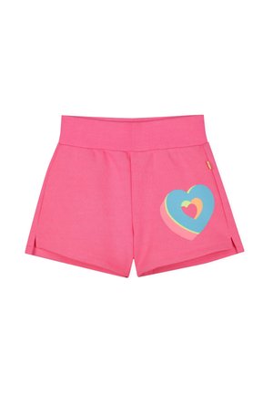 Shorts en coton rose avec une taille large, présentant un graphique de cœur multicolore sur le côté gauche et de petites fentes latérales.
