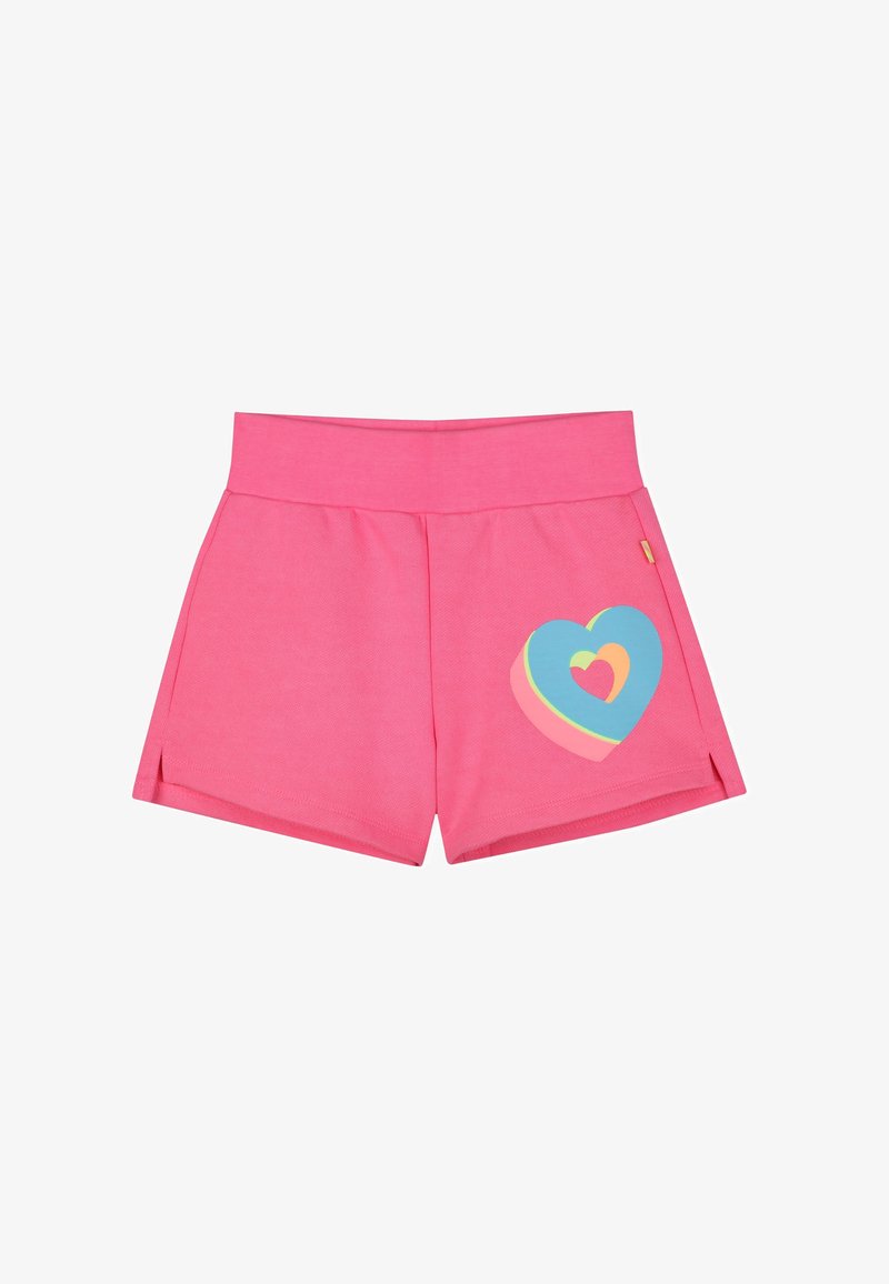 Roze katoenen shorts met een brede tailleband, voorzien van een meerkleurige hartgrafiek aan de linkerkant en kleine zijslits.