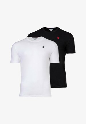Zwei einfarbige Rundhals-T-Shirts, eines weiß mit kleinem schwarzem Logo und eines schwarz mit kleinem rotem Logo auf der Brust.