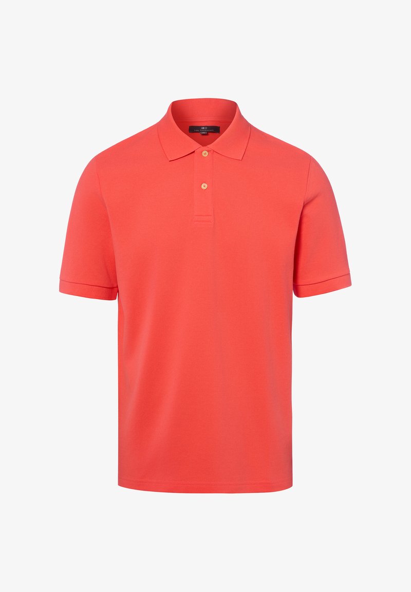 Korallenfarbenes Kurzarm-Poloshirt mit zwei beigefarbenen Knöpfen und klassischem Kragen, auf weißem Hintergrund präsentiert.