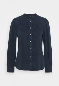 Camicia blu navy con bottoni, maniche lunghe, dettagli arricciati lungo il collo e colletto rotondo. Realizzata in tessuto lucido e liscio.
