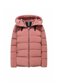 Giacca puffer rosa chiaro con cappuccio, caratterizzata da cuciture orizzontali, una cerniera frontale e dettagli neri sul cappuccio. Texture morbida e liscia.