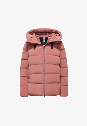 Light pink puffer jacket with a hood, featuring horizontal stitching, a front zipper, and black accents on the hood. Soft, smooth texture.