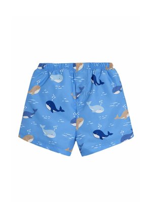 Pantaloni da nuoto blu con motivo di varie balene in sfumature di blu, beige e bianco, con vita elasticizzata per il massimo comfort.