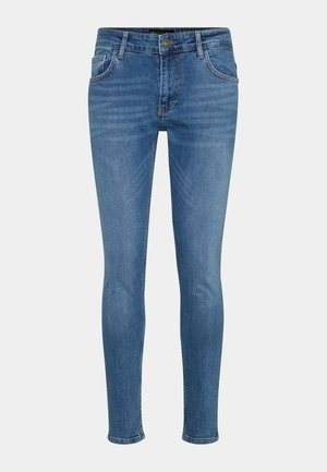 Schlanke Jeans aus blauen Denim, mit einem klassischen Fünf-Taschen-Design, subtilen Verwaschungen und einem Reißverschluss mit Knopfverschluss an der Taille.