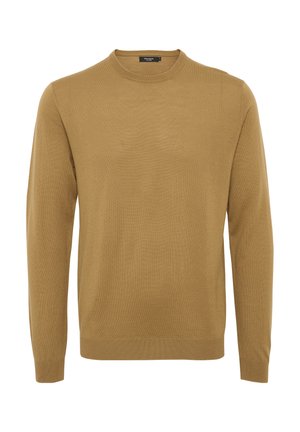 Pulover s okruglim izrezom i dugim rukavima u mustard žutoj boji. Napravljen od mekog pletenog materijala s rebrastim manžetama i donjim rubom, s glatkom teksturom.