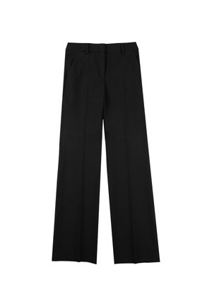 Pantalons larges noirs avec une texture lisse, dotés de deux poches latérales, d'une ceinture ajustée et de plis marqués sur le devant.