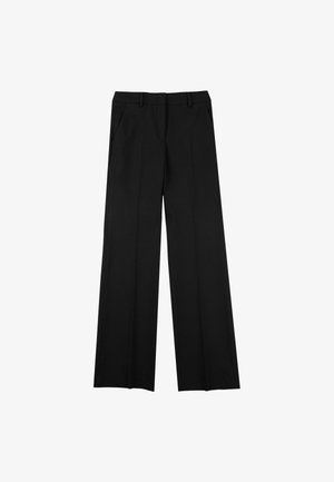 Pantalons larges noirs avec une texture lisse, dotés de deux poches latérales, d'une ceinture ajustée et de plis marqués sur le devant.
