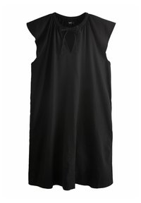 Robe noire sans manches avec un col rond, détail froncé et un lien à l'avant. Fabriquée dans un tissu léger avec une texture lisse.